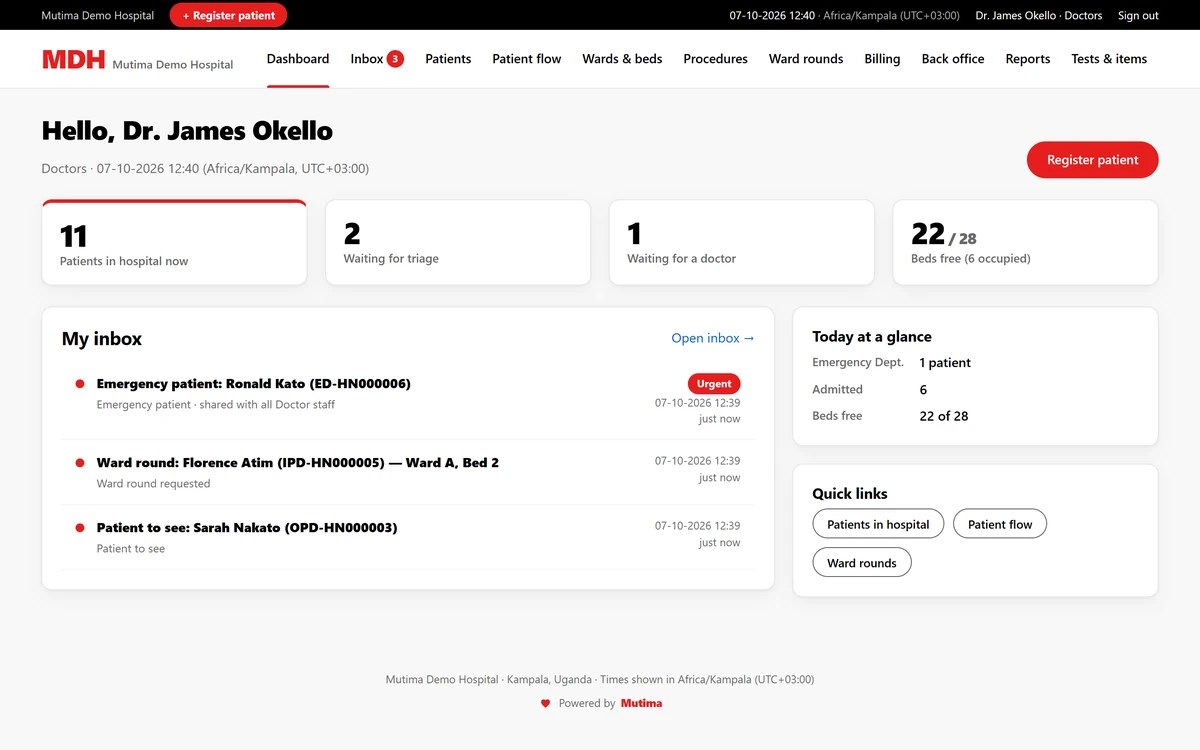 A doctor's dashboard with patients in hospital and an inbox of next tasks